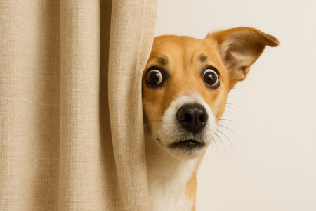 A frightened dog peeks out from behind the curtainの素材