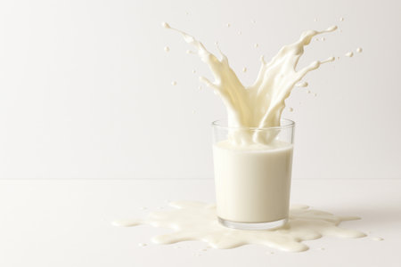 A glass of milk with a powerful splash. Space for textの素材
