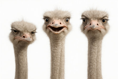Three ostriches with different funny facial expressions on a white backgroundの素材