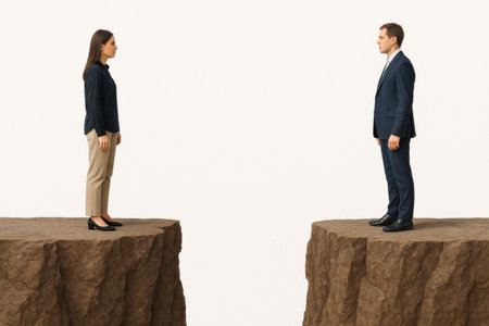 A man and a woman stand on opposite sides of the abyssの素材