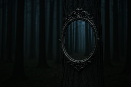 Vintage mirror on a tree in a dark forest. Space for textの素材
