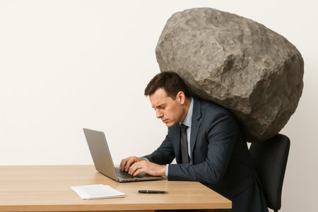 A man with a huge stone on his back, working at a laptop. Space for textの素材
