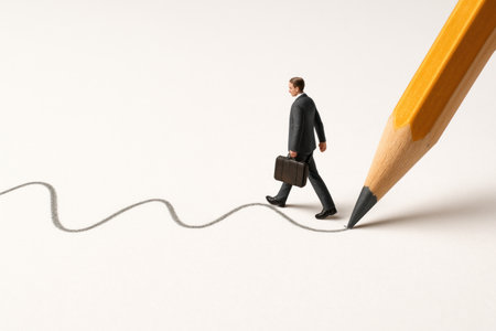 The businessman walks along the line drawn by a giant pencil. Space for textの素材