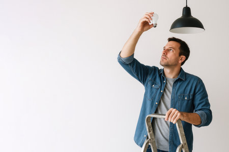 A man on a stepladder changes a light bulb under a ceiling lamp. Space for textの素材