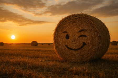 Smiley face on a hay bale at sunset in a fieldの素材