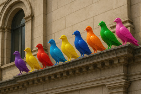 Rainbow bird statues on an architectural corniceの素材