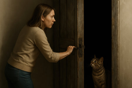 A woman opens an old door, and a cat stands behind herの素材