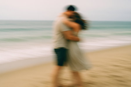 Blurred in motion couple hugging on beach by the seaの素材
