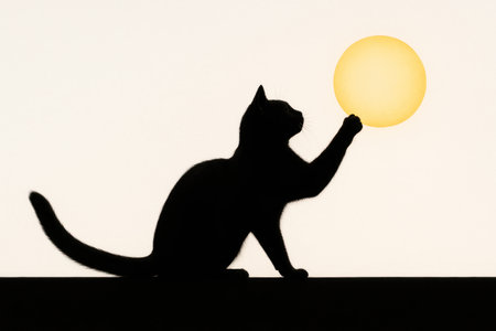 Silhouette of a black cat touching a yellow circle of light. Space for textの素材