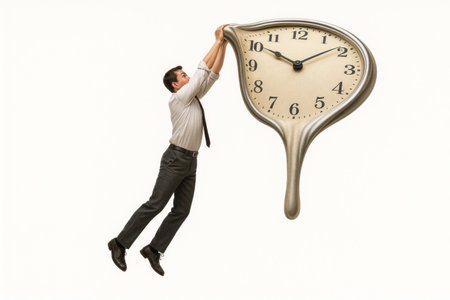 A man hanging on a melted watch. Space for textの素材