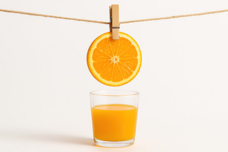 A slice of orange on a clothespin over a glass of juice. Space for textの素材