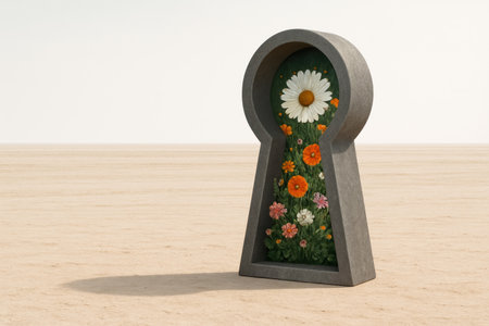 A huge keyhole sculpture with flowers inside. Space for textの素材