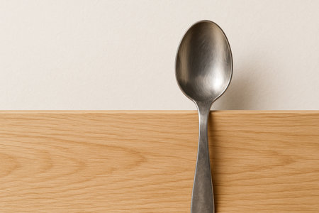 A spoon standing upright on a wooden surface. Space for textの素材