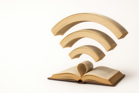 An open book forms a Wi-Fi sign from the pages. Space for textの素材
