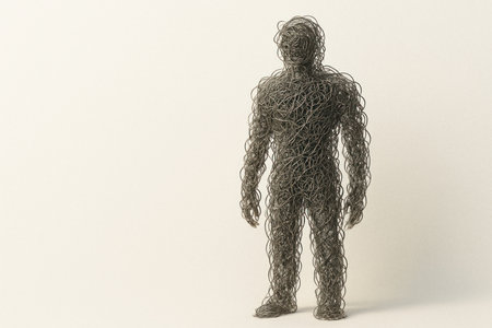 A human figure made entirely of intertwined metal wire. Space for textの素材