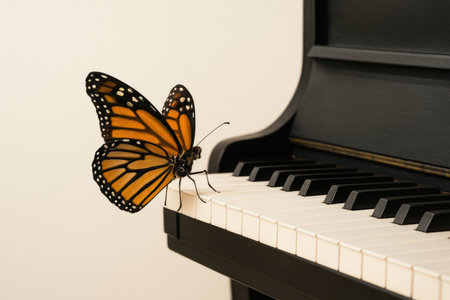 Monarch butterfly sitting on piano keys. Space for textの素材