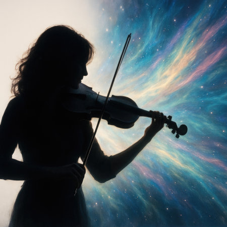 Silhouette of a woman with a violin against the background of cosmic lightの素材