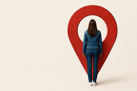 The girl is standing inside a red geomarker. Space for textの素材