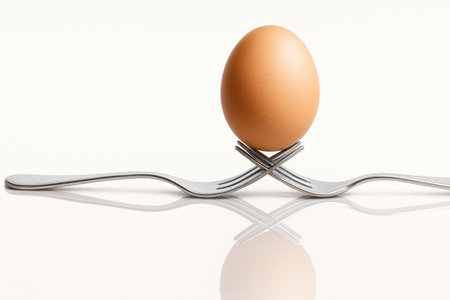 Chicken egg, neatly balanced on two crossed forksの素材