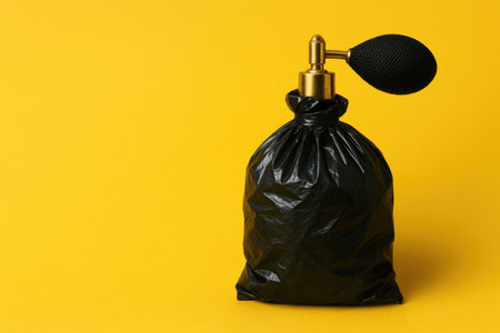 Perfume bottle in the form of a black garbage bag. Space for textの素材