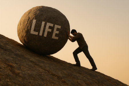 A man pushes a huge stone with the inscription LIFEの素材