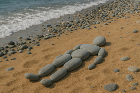 A figure of a man made of stones lying on a sandy beach by the seaの素材