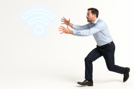 A man runs after a glowing Wi-Fi symbol. Space for textの素材