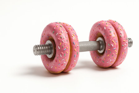 Dumbbell of pink donuts with powder. Space for textの素材