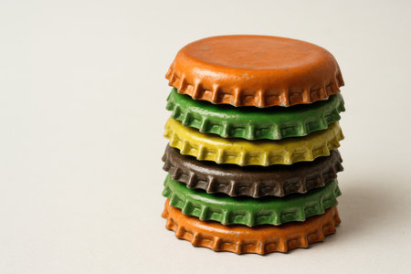A stack of multi-colored bottle caps stacked in a column. Space for textの素材