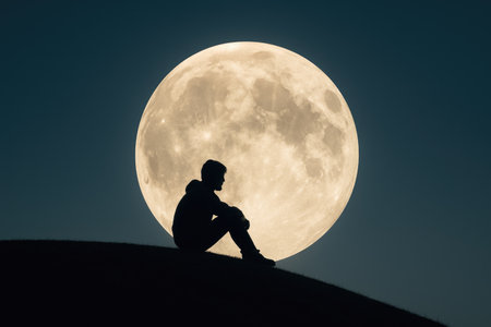 Silhouette of a man against the background of a huge moonの素材