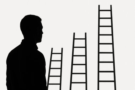 A person in front of the ladders of growth and career developmentの素材