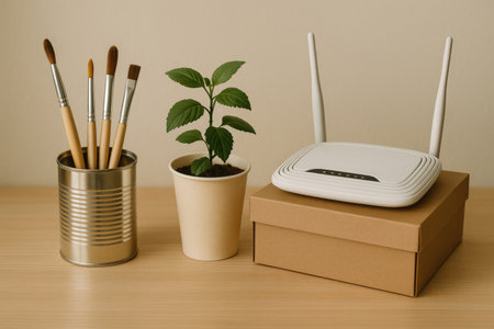 Minimalistic desktop with plant and internet routerの素材