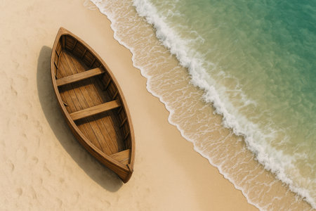 Wooden boat on a sandy beach by the sea. Space for textの素材