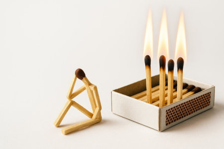 Figure of matches next to burning matches. Space for textの素材