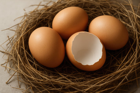 A close-up of a bird's nest with eggs and an empty shellの素材