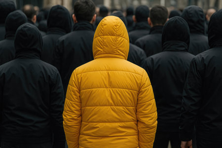 A man in a yellow jacket among the crowd in blackの素材