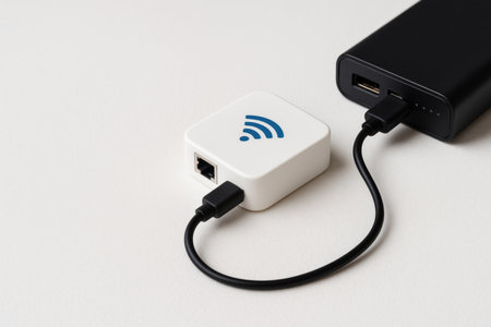 Portable Wi-Fi adapter connected to the power bank on a white background. Space for textの素材