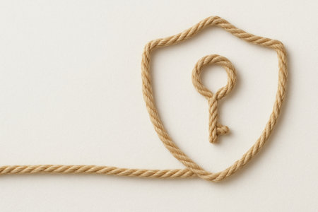 Conceptual image of a shield and a key made of natural rope on a light background. Space for textの素材