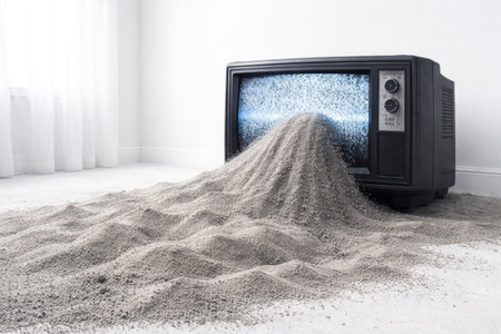An old TV covered with ashes as an image of media declineの素材