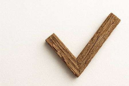 A wooden tick as a symbol of confirmation and success. Space for textの素材