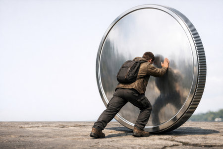 A man pushes a huge coin, a symbol of financial pressure. Space for textの素材