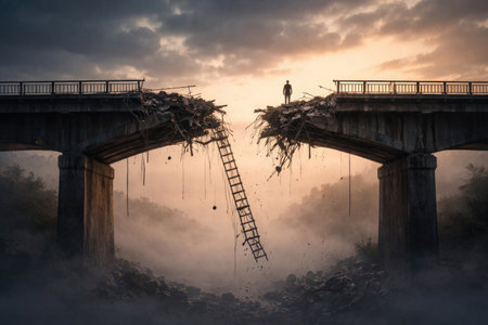 A man standing on a destroyed bridge at sunsetの素材