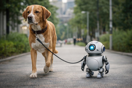 A dog and a small robot walk together around the cityの素材