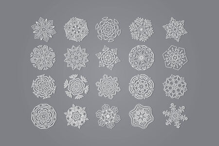 Set of twenty snowflakes on a gray background. Vector graphics.のイラスト素材