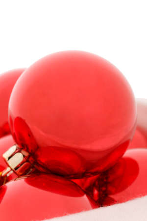 Red christmas balls in fur hat. Close-upの写真素材