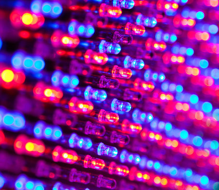 RGB led diode display panel with red and blue diodes turned on. Selective focus. Shallow depth of field. の写真素材