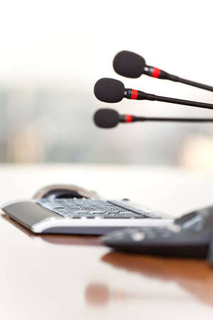 Photo of meeting room with keyboard and microphones before conference の写真素材