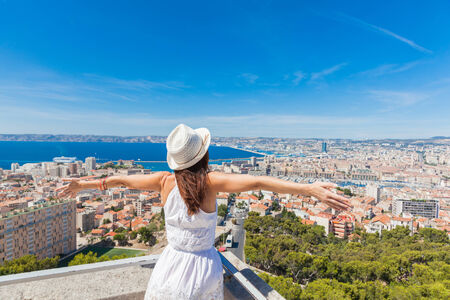 Hello, Marseille! Girl welcomes the French city of Marseille.の写真素材