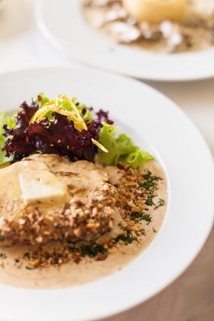 Veal fillet with a creamy souce made of Dorblu cheese, cognac and walnutsの写真素材