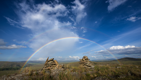 Rainbow and dry-stone wallsの写真素材